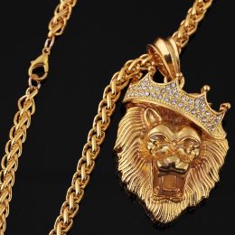 Europe and the United States selling diamond crown lion hip-hop luminous necklaces men Unisex gold-plated hiphop luminous Pendant (Color: Gold)