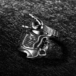 Titanium steel men's ring fashion rock hip hop skull guitar victory gesture instrument single ring (Option: Steel color-US 11)